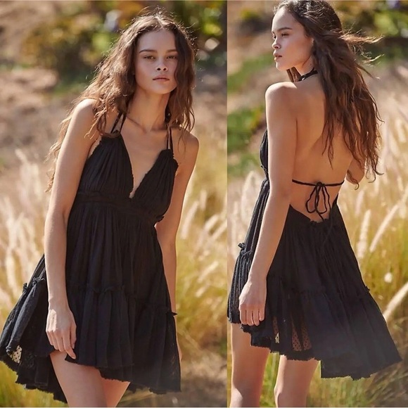 Vici Dresses & Skirts - Black Halter Ruffle Mini Dress Small • Open Back • Fairycore Coachella Flowy Tie